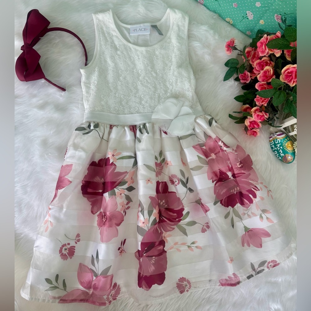 Kids Floral Dress - White,Burgundy and Pink Size: 5/6 S/P